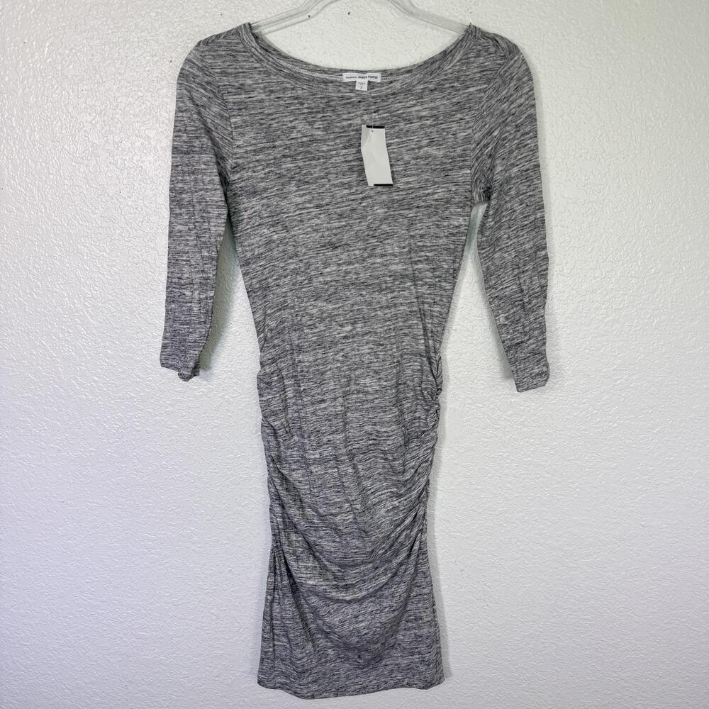 James Perse Dress Womens 2 Medium Melange Ruched Bodycon Midi Gray Jersey NEW